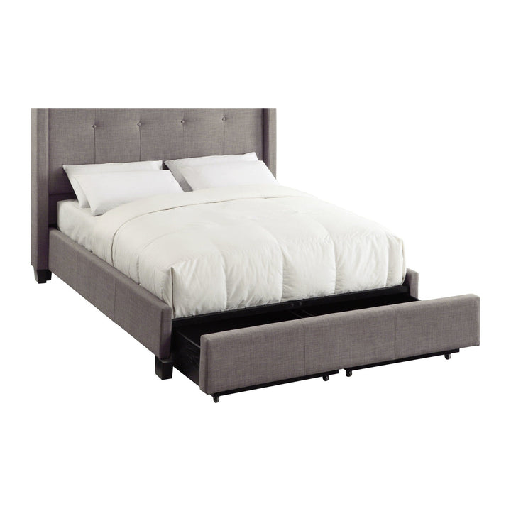 Madeleine Wingback Upholstered Platform Storage Bed in Dolphin — storage footboard drawers open