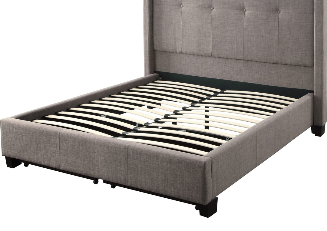 Madeleine Wingback Upholstered Platform Storage Bed in Dolphin — without mattress, showing slat platform