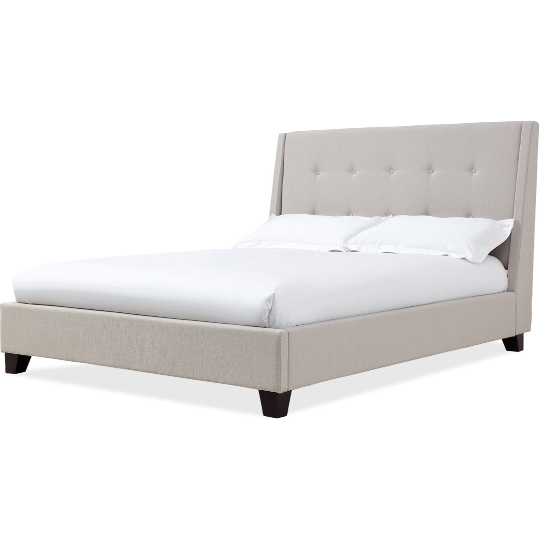 Madera Upholstered Platform Bed in Putty — white background, angled view