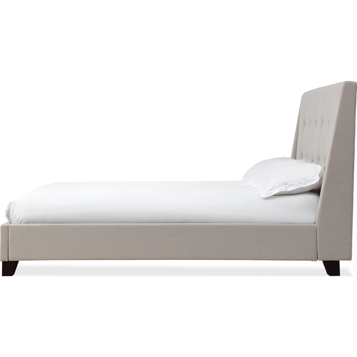Madera Upholstered Platform Bed in Putty — white background, side profile