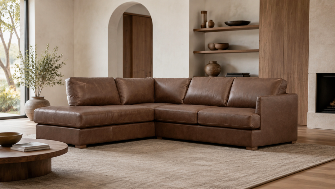 MALEA left-facing Hot Chocolate leather sectional in a modern home
