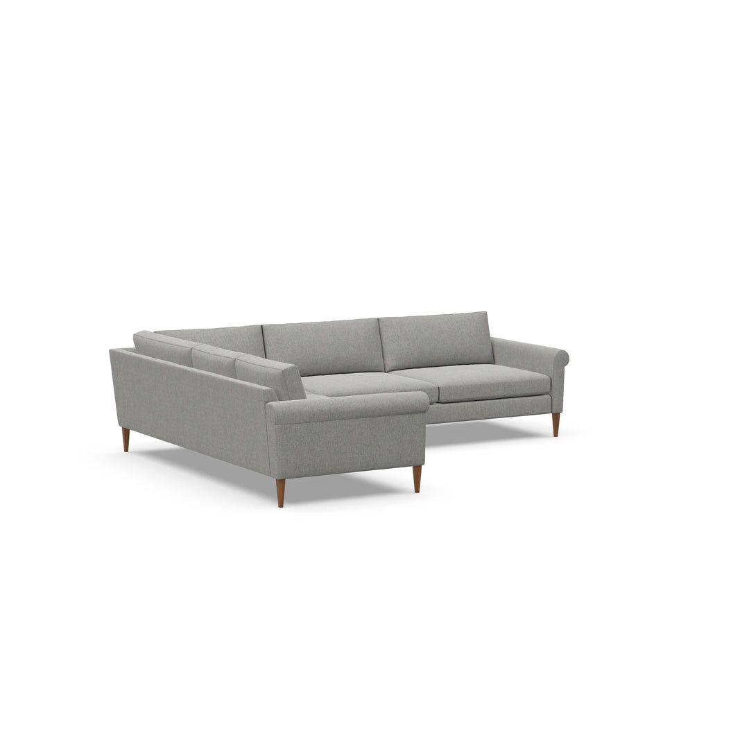 Margo Rolled Arm Sectional by American Leather, Grand 42-inch depth with left return when facing the longer run. Official two-piece configuration: LLR-Q3L-RA + LLR-S3L-LA. Upholstery shown for illustration.