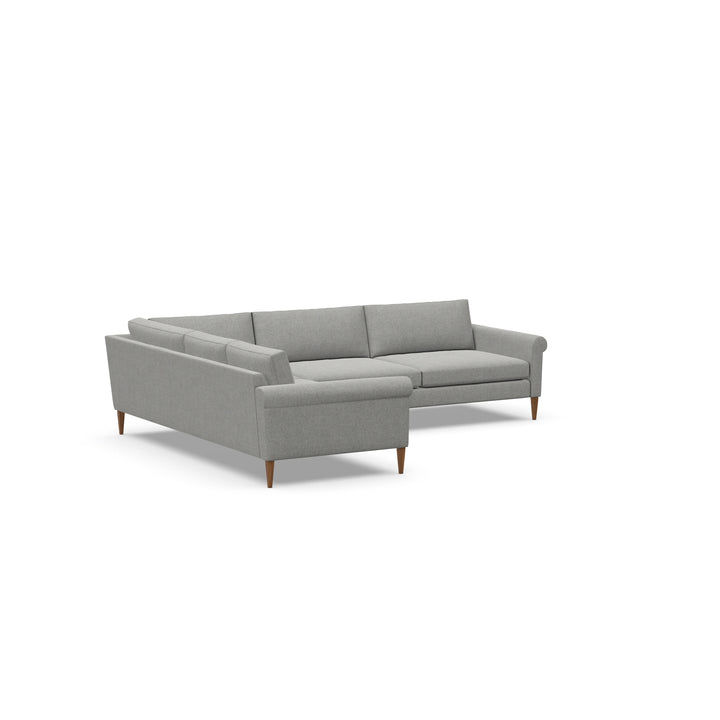 Margo Rolled Arm Sectional by American Leather, Grand 42-inch depth with left return when facing the longer run. Official two-piece configuration: LLR-Q3L-RA + LLR-S3L-LA. Upholstery shown for illustration.