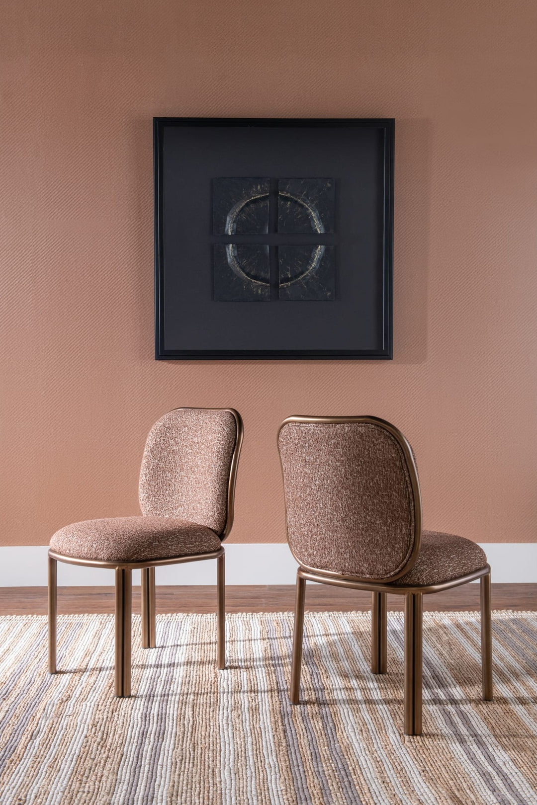 Mataranka Dining Chair in Giraffe Chenille and Brushed Golden Stainless Steel — lifestyle photo