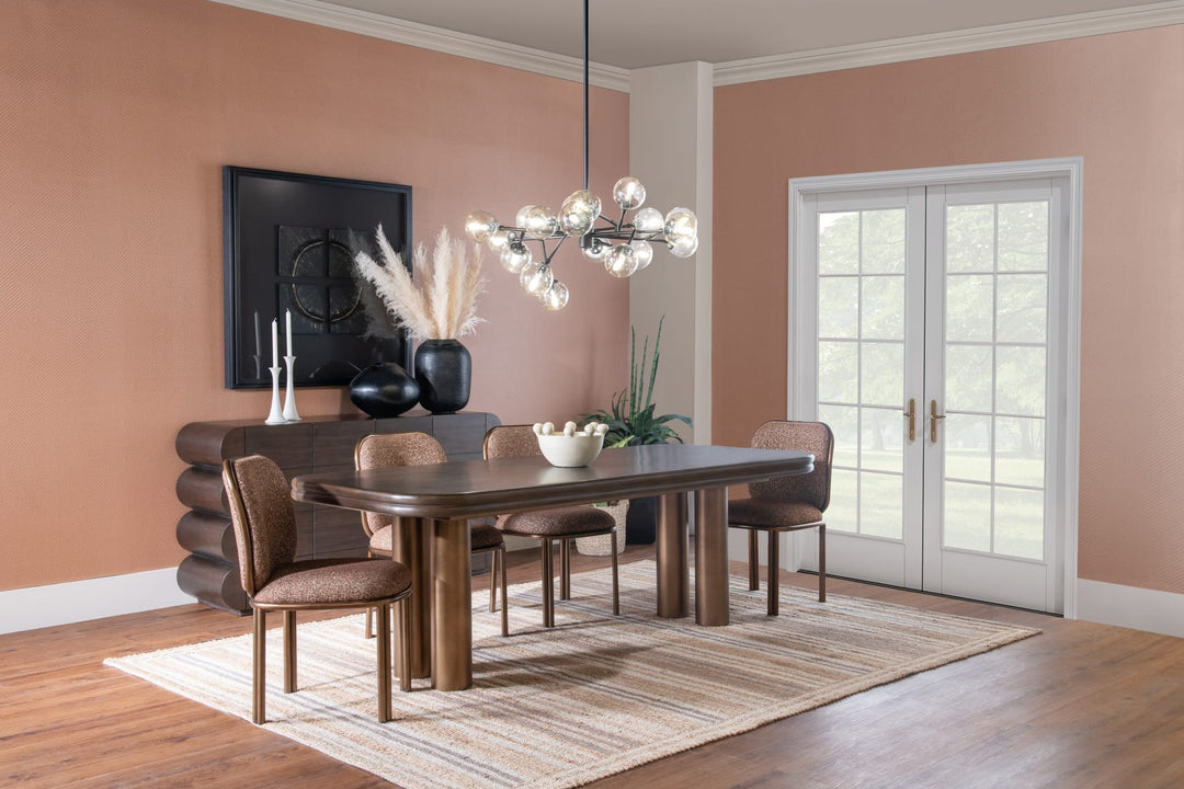 Mataranka Dining Chair in Giraffe Chenille and Brushed Golden Stainless Steel — lifestyle photo