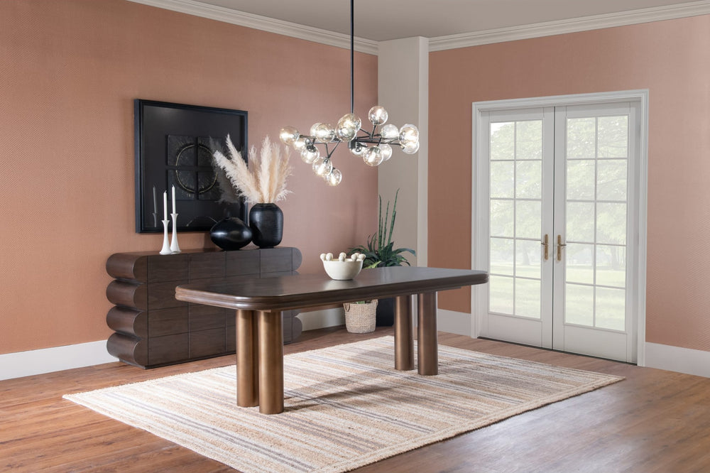 Mataranka Rectangular Dining Table in Bistre and Brushed Golden Stainless Steel — lifestyle photo