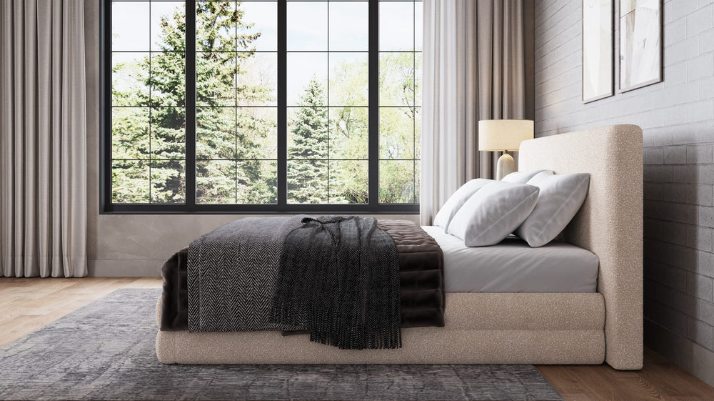 Maya Upholstered Platform Bed in Brun Boucle styled in a bedroom