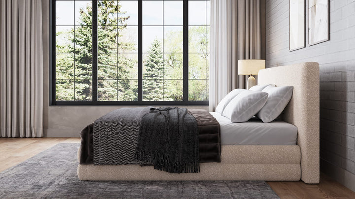 Maya Upholstered Platform Bed in Brun Boucle styled in a bedroom