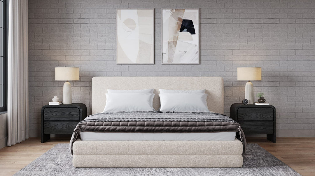 Maya Upholstered Platform Bed in Brun Boucle styled in a bedroom