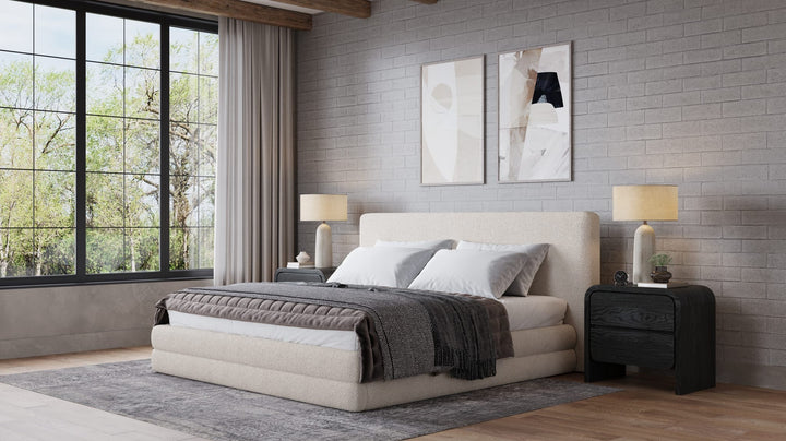 Maya Upholstered Platform Bed in Brun Boucle styled in a bedroom