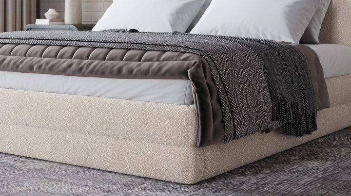 Maya Upholstered Platform Bed in Brun Boucle styled in a bedroom