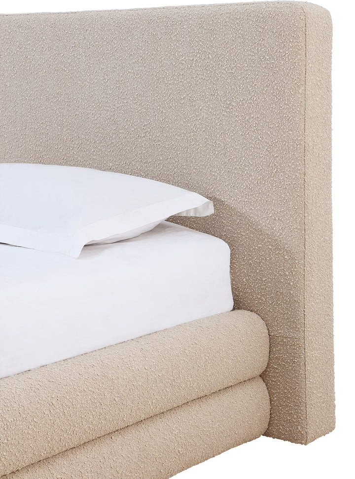 Maya Upholstered Platform Bed in Brun Boucle — close-up of the stacked frame and headboard
