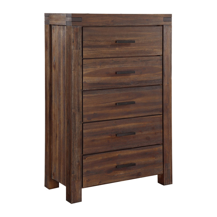 Meadow Five Drawer Solid Wood Chest by Modus in Brick Brown — on a white background