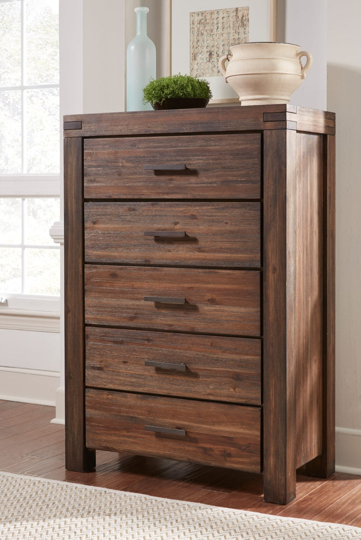 Meadow Five Drawer Solid Wood Chest in Brick Brown — styled in a room