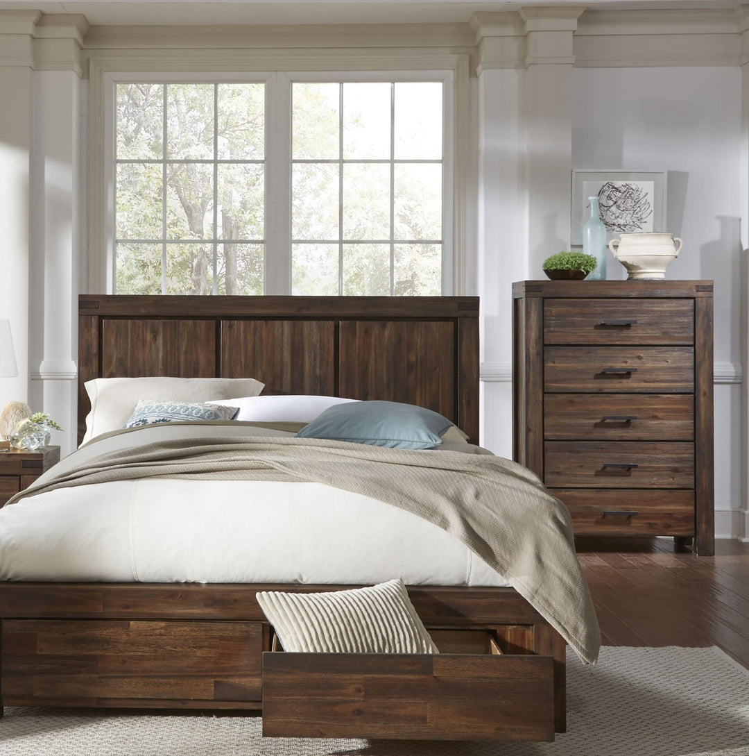 Meadow Five Drawer Solid Wood Chest in Brick Brown — in a bedroom setting