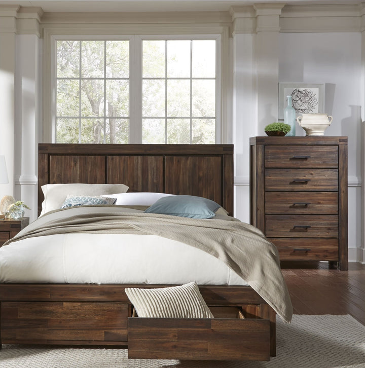 Meadow Five Drawer Solid Wood Chest in Brick Brown — in a bedroom setting