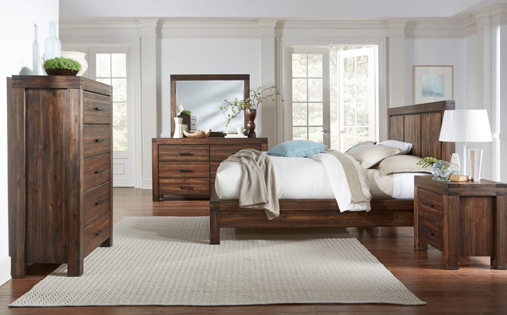 Meadow Five Drawer Solid Wood Chest in Brick Brown — in a bedroom setting