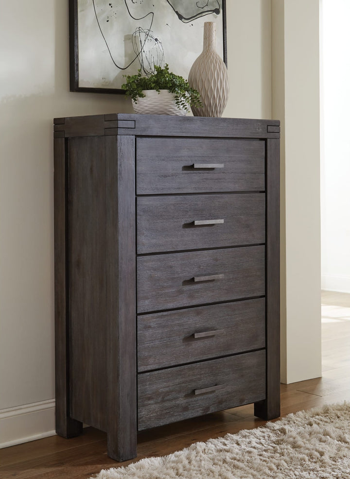 Meadow Five Drawer Solid Wood Chest in Graphite — styled in a room