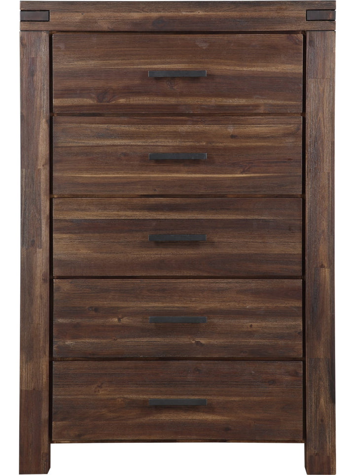 Meadow Five Drawer Solid Wood Chest in Brick Brown — on a white background