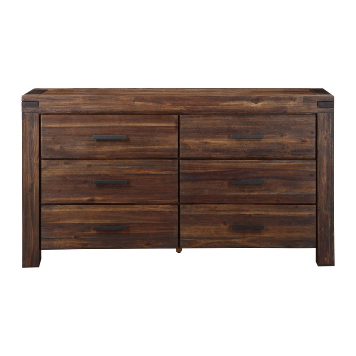 Meadow Six Drawer Solid Wood Dresser by Modus in Brick Brown — on a white background