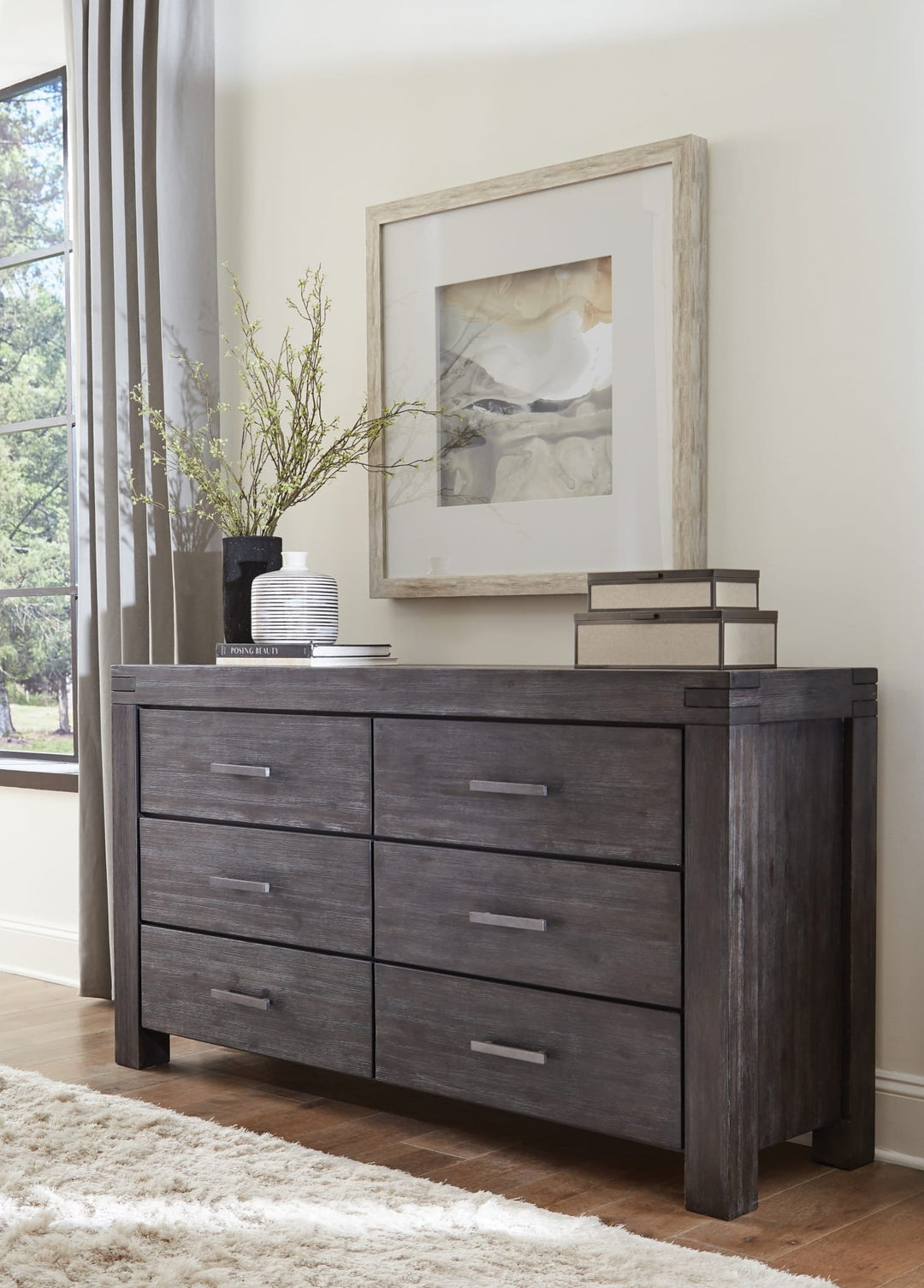 Meadow Six Drawer Solid Wood Dresser in Graphite — styled in a room