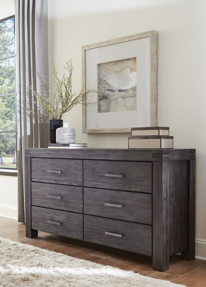 Meadow Six Drawer Solid Wood Dresser in Graphite — styled in a room