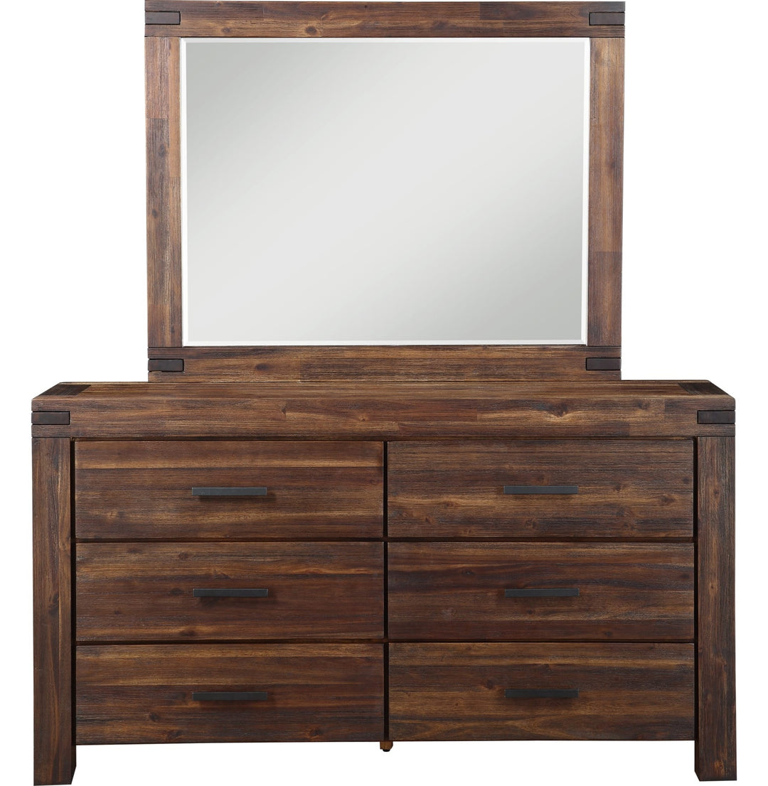 Meadow Six Drawer Solid Wood Dresser in Brick Brown — on a white background with the matching mirror (sold separately)