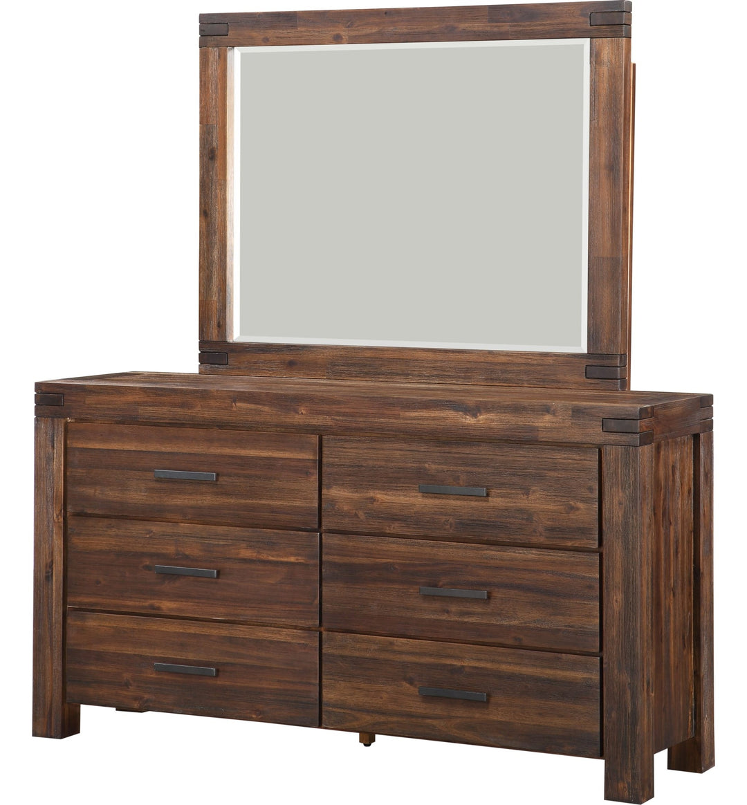 Meadow Six Drawer Solid Wood Dresser in Brick Brown — on a white background with the matching mirror (sold separately)