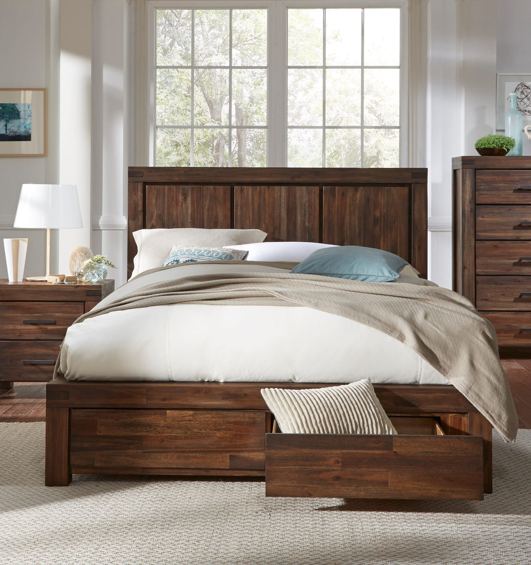 Meadow Solid Wood Footboard Storage Bed in Brick Brown styled in a bedroom