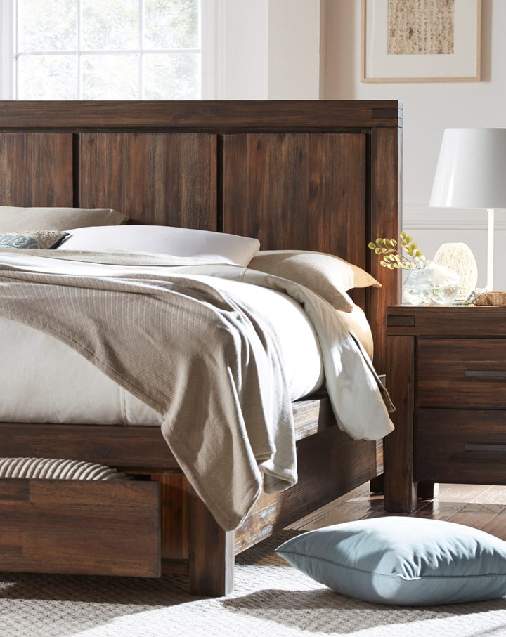 Meadow Solid Wood Footboard Storage Bed in Brick Brown styled in a bedroom