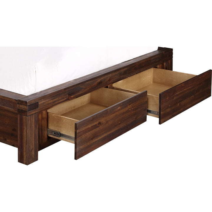 Meadow Solid Wood Footboard Storage Bed in Brick Brown — close-up of the footboard storage drawers