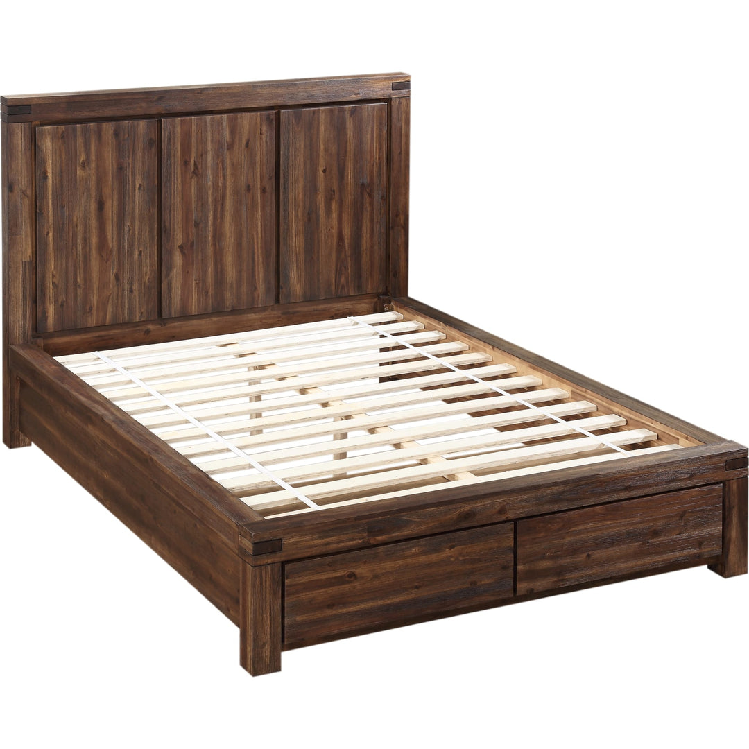 Meadow Solid Wood Footboard Storage Bed in Brick Brown — without mattress, showing slat platform