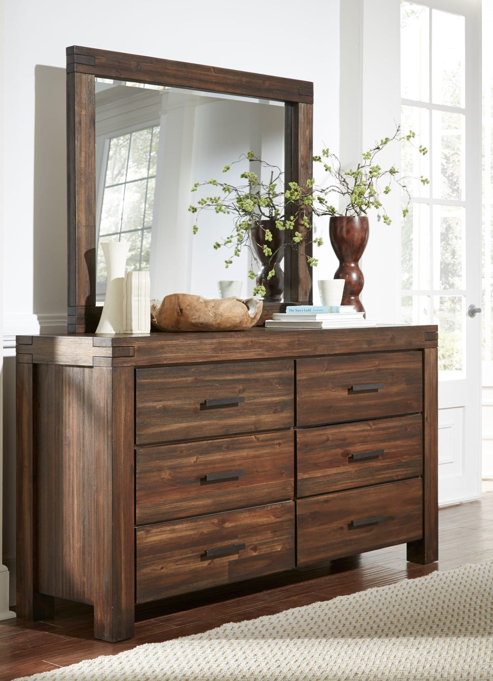 Meadow Solid Wood Mirror in Brick Brown — styled on the matching dresser (sold separately)