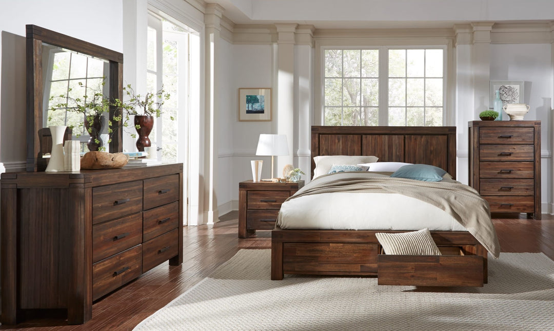 Meadow Solid Wood Mirror in Brick Brown — in a bedroom setting