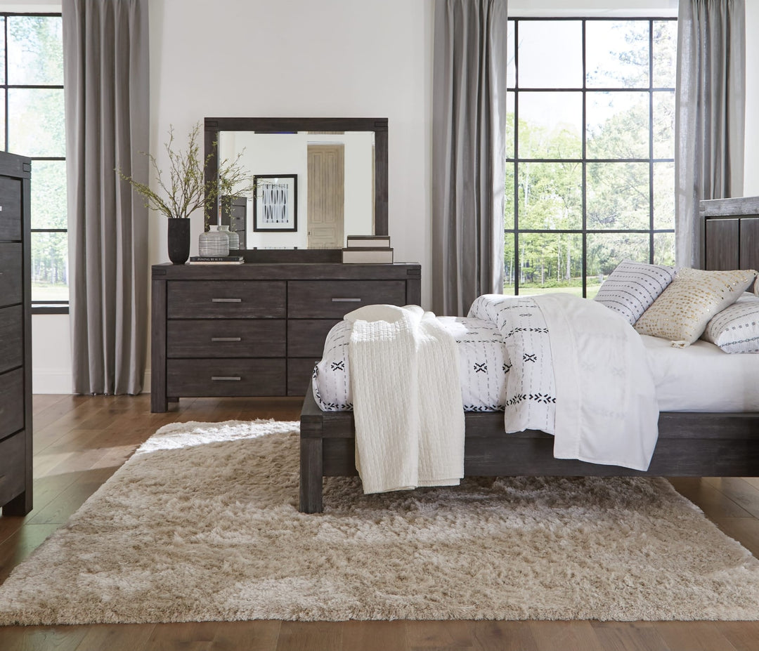 Meadow Solid Wood Mirror in Graphite — in a bedroom setting