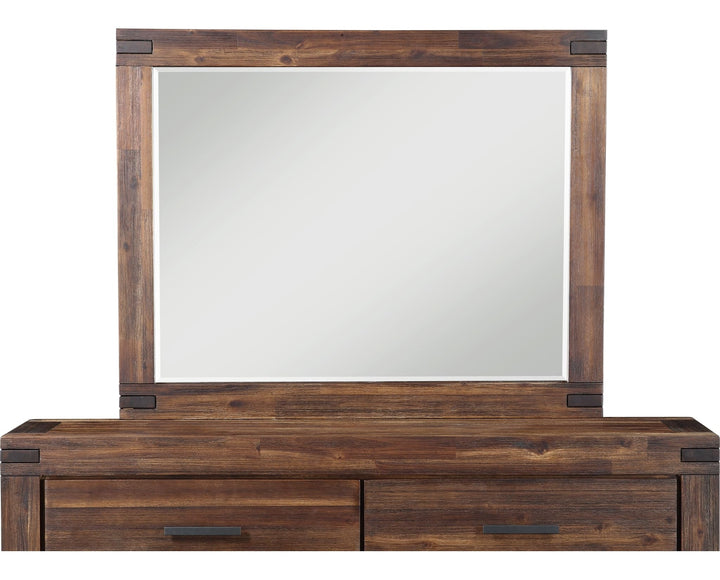Meadow Solid Wood Mirror in Brick Brown — on a white background, mounted on the matching dresser (sold separately)