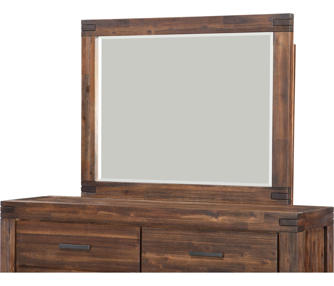 Meadow Solid Wood Mirror in Brick Brown — on a white background, mounted on the matching dresser (sold separately)