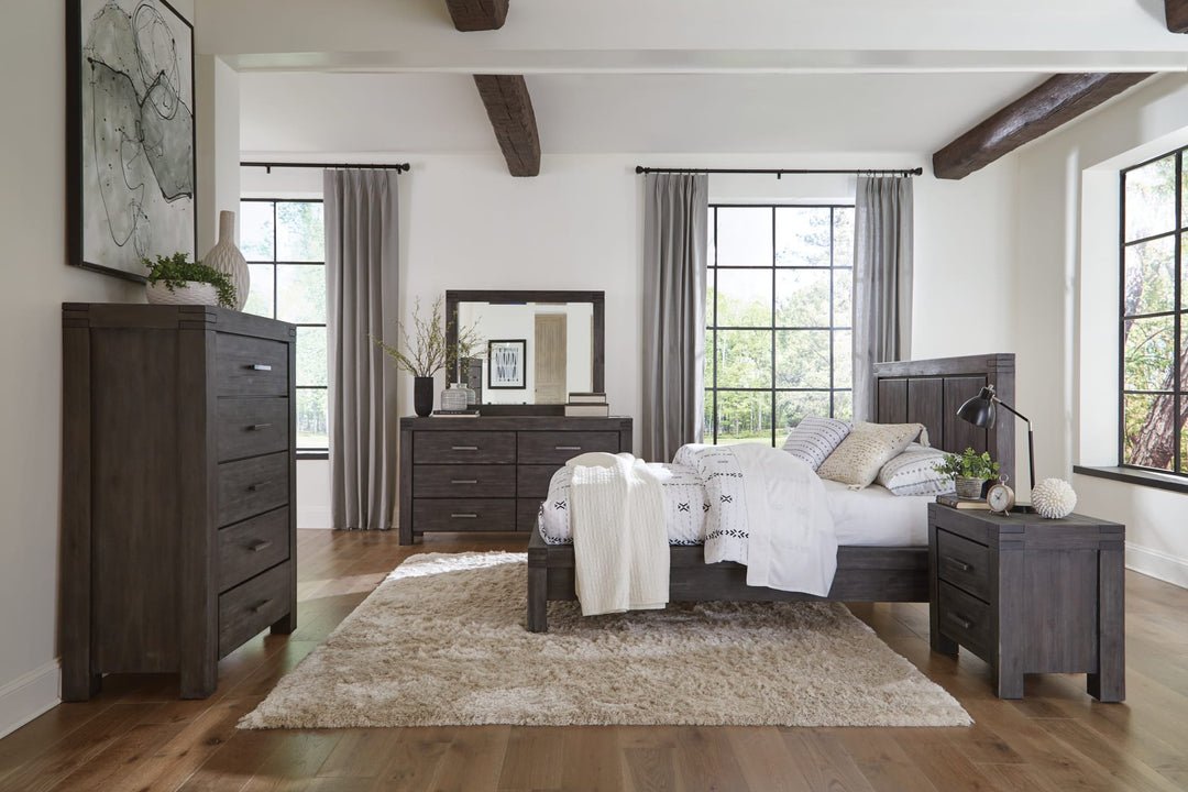 Meadow Solid Wood Platform Bed in Graphite styled in a bedroom