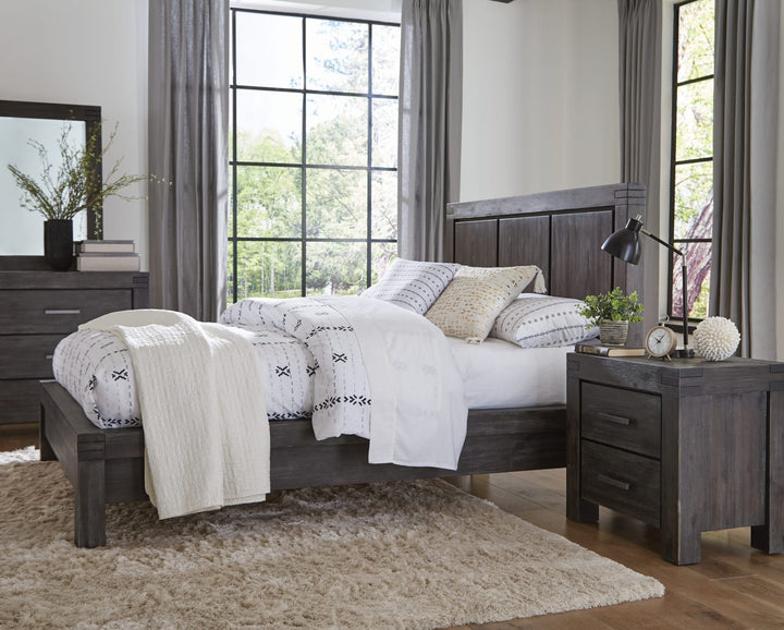 Meadow Solid Wood Platform Bed in Graphite styled in a bedroom