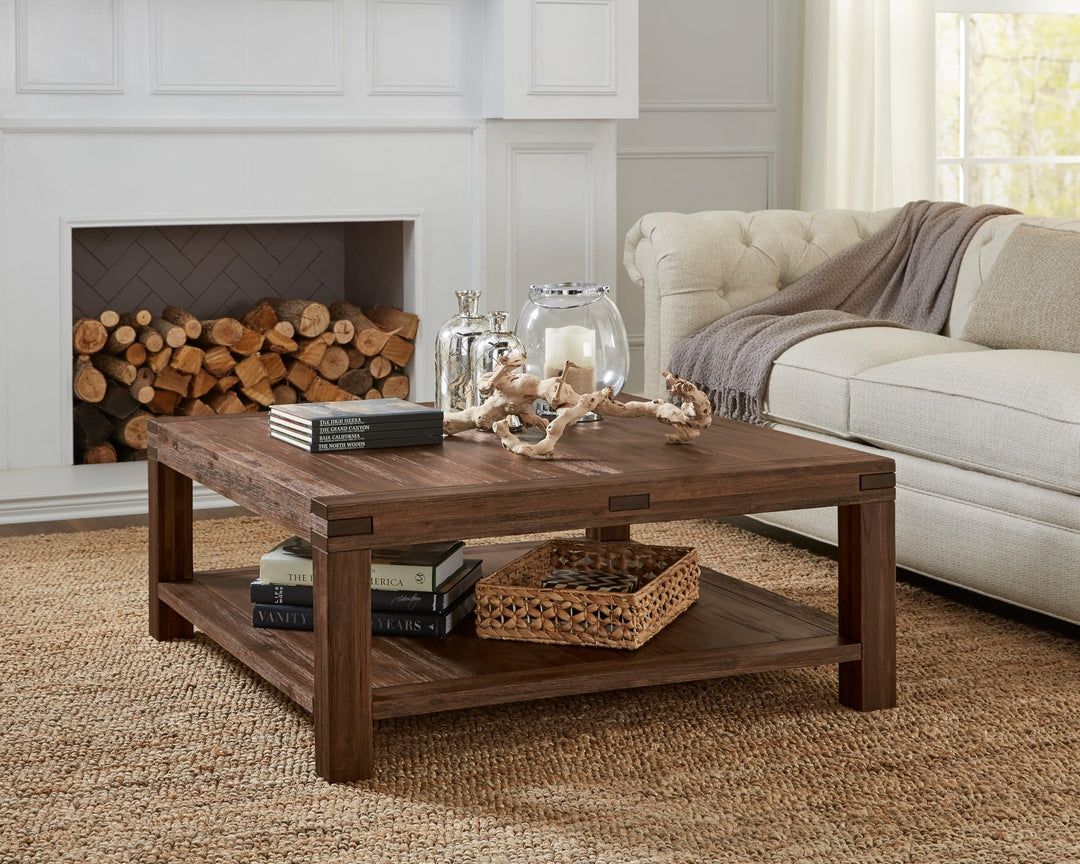 Meadow Solid Wood Square Coffee Table in Brick Brown — lifestyle photo