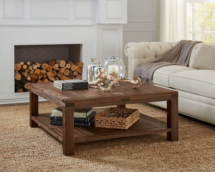 Meadow Solid Wood Square Coffee Table in Brick Brown — lifestyle photo