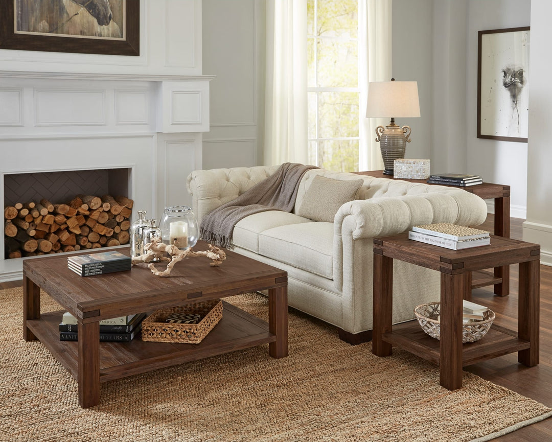 Meadow Solid Wood Square Coffee Table in Brick Brown — lifestyle photo