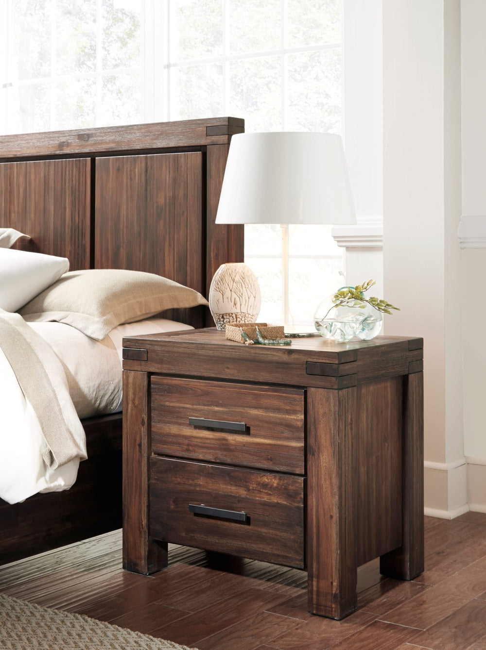 Meadow Two Drawer Solid Wood Nightstand in Brick Brown — in a bedroom setting