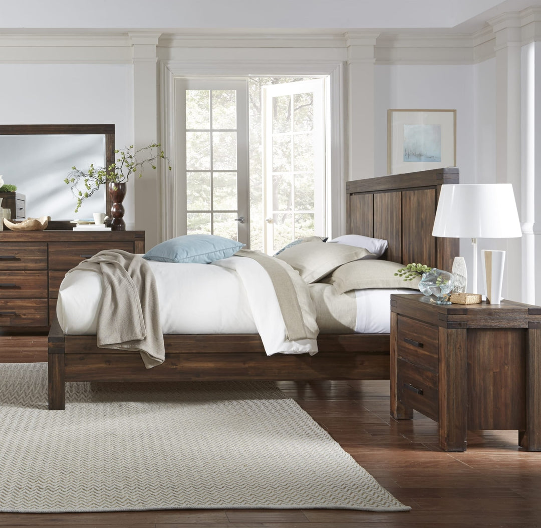 Meadow Two Drawer Solid Wood Nightstand in Brick Brown — in a bedroom setting