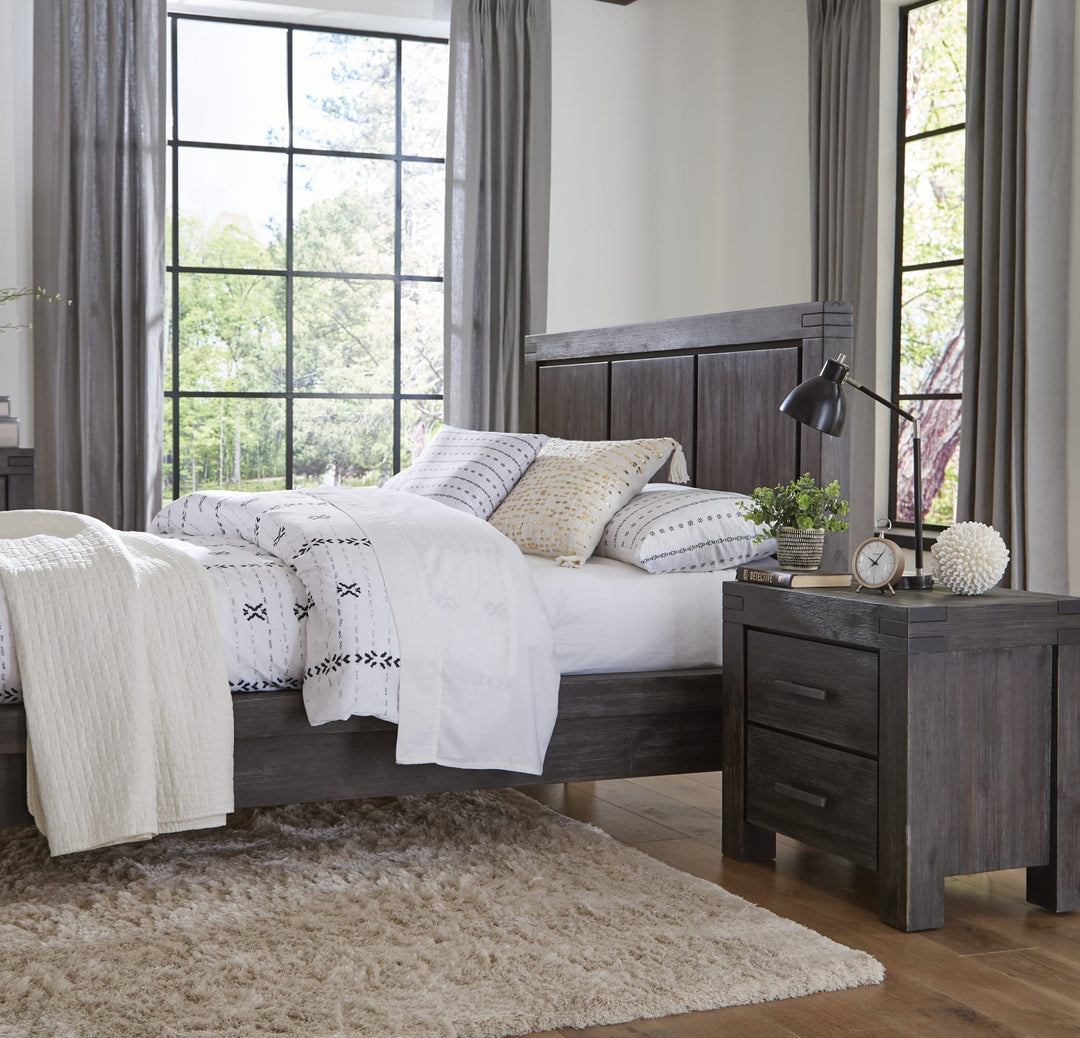 Meadow Two Drawer Solid Wood Nightstand in Graphite — in a bedroom setting