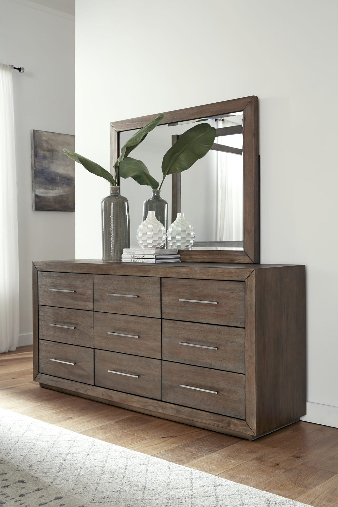 Melbourne Beveled Glass Mirror in Dark Pine — styled on the matching dresser (sold separately)