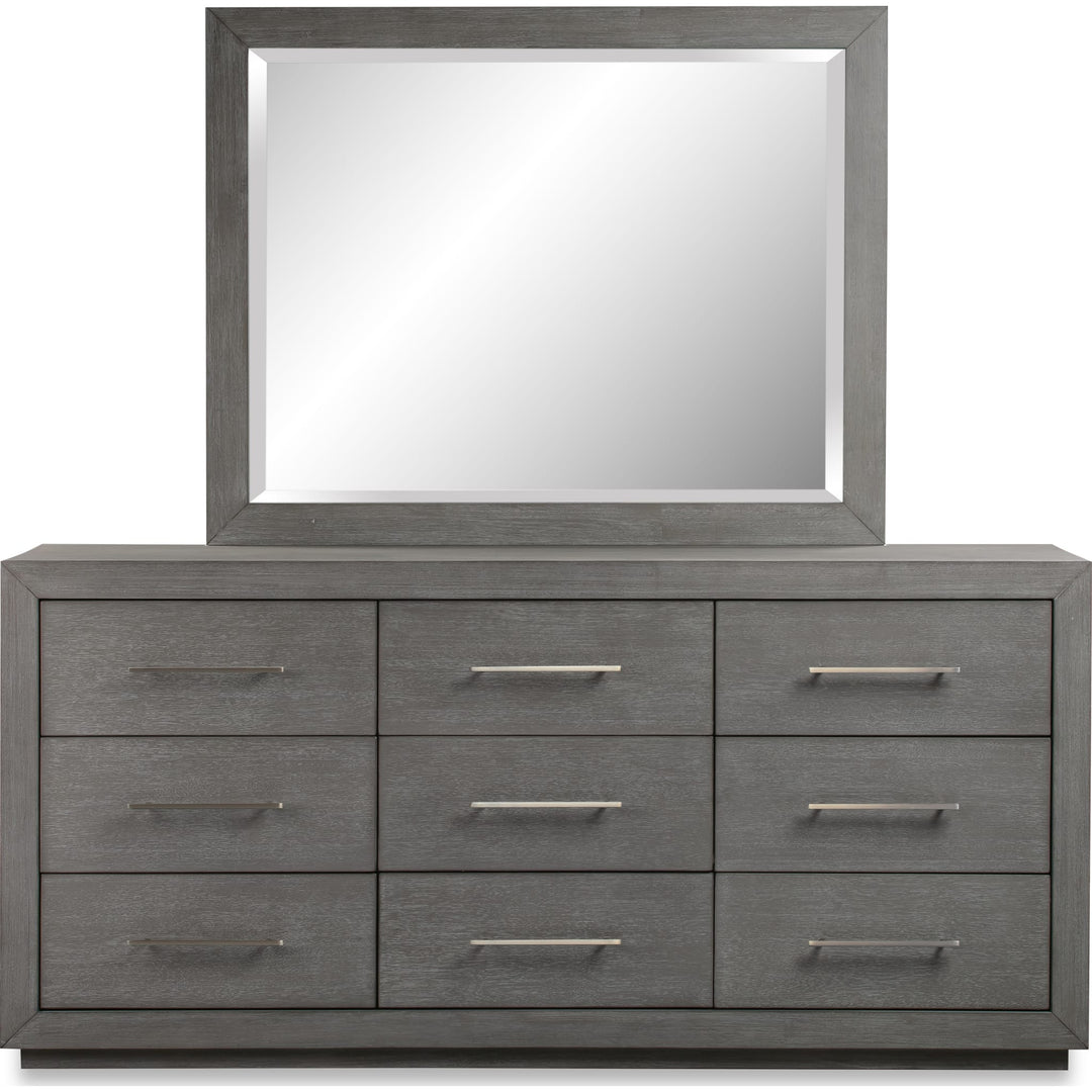 Melbourne Beveled Glass Mirror in Mineral — on a white background, mounted on the matching dresser (sold separately)