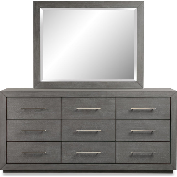 Melbourne Beveled Glass Mirror in Mineral — on a white background, mounted on the matching dresser (sold separately)