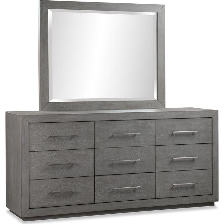 Melbourne Beveled Glass Mirror in Mineral — on a white background, mounted on the matching dresser (sold separately)