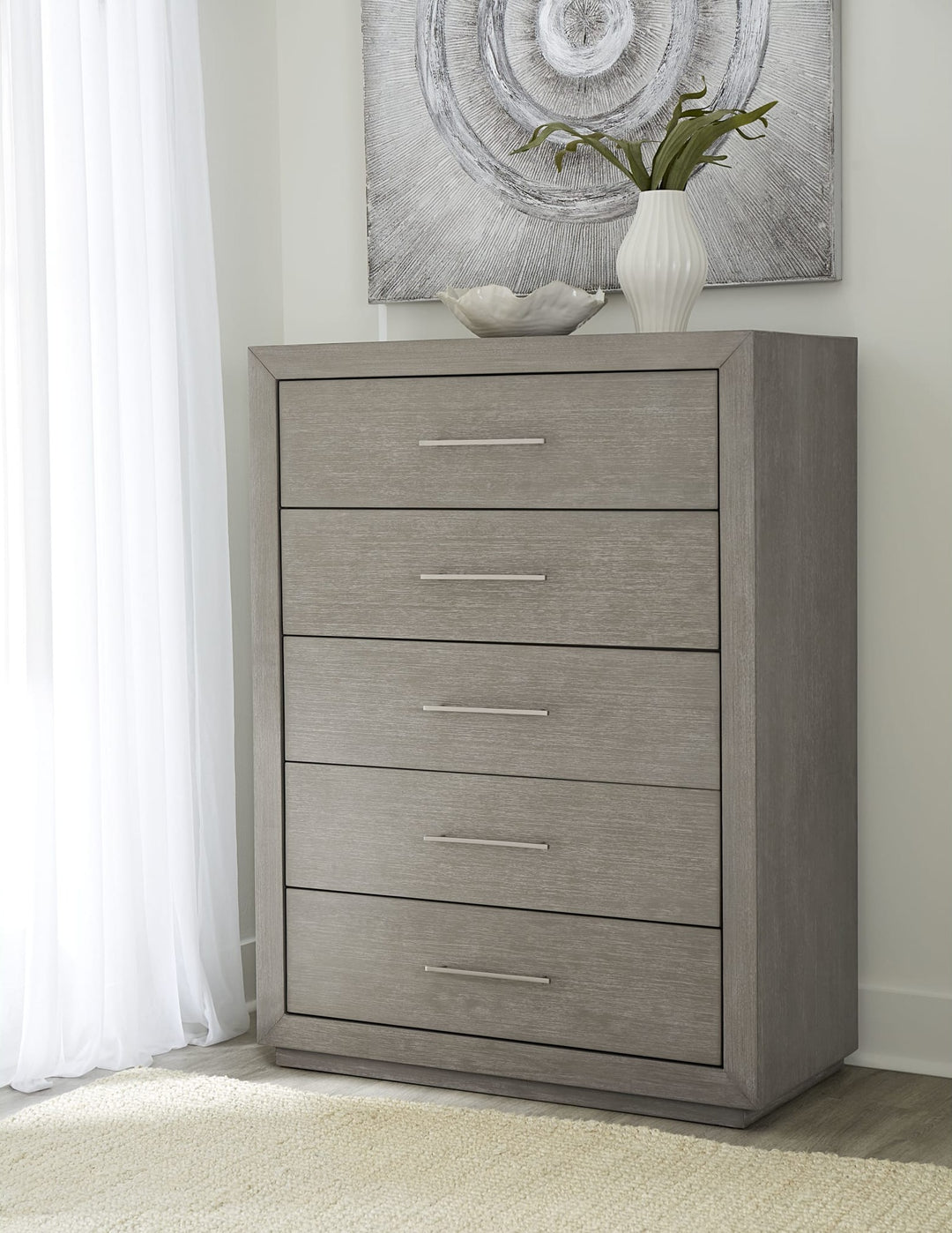 Melbourne Five Drawer Chest in Mineral — styled in a room